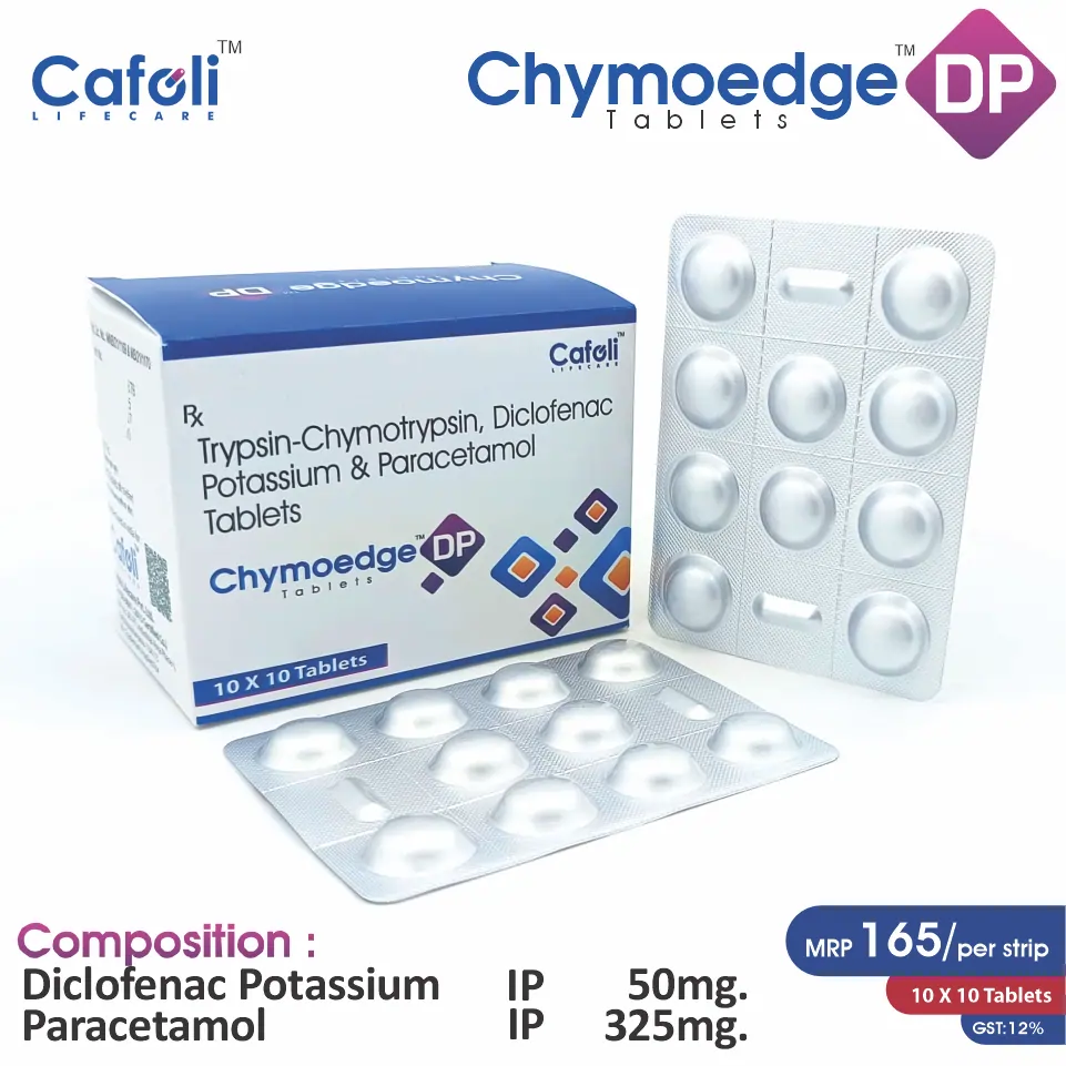Diclofenac (50mg) + Paracetamol (325mg) + Trypsin Chymotrypsin (50000AU) Tablet at Best Price in PCD Pharma Franchise for Pain Relief and Anti-inflammatory.